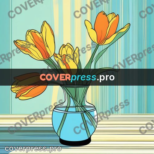 Flat colour anime illustration: tulips in a glass vase