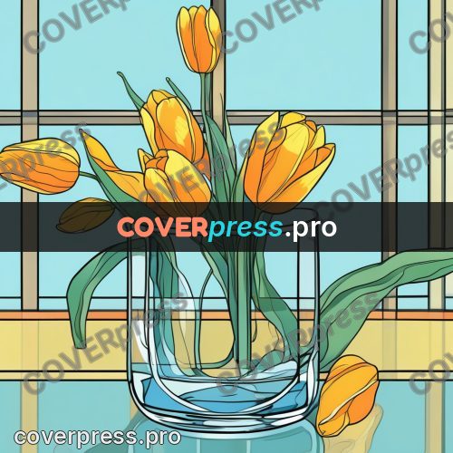 Flat colour anime illustration: tulips in a glass vase