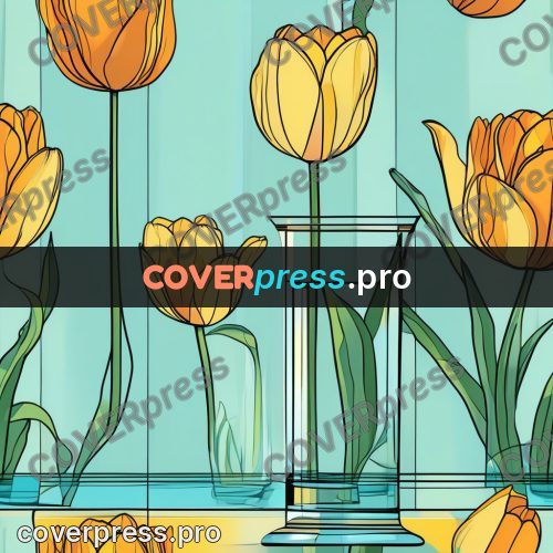 Flat colour anime illustration: tulips in a glass vase