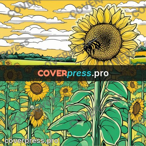 Flat colour anime illustration: sunflower in a field
