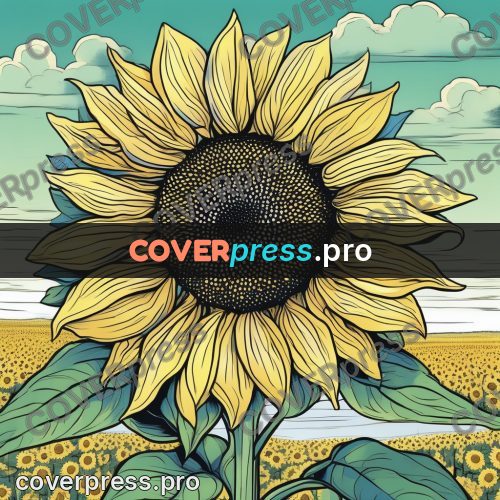 Flat colour anime illustration: sunflower in a field