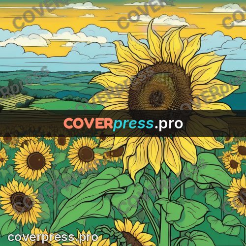 Flat colour anime illustration: sunflower in a field