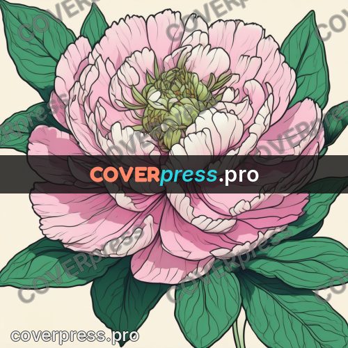 Flat colour anime illustration: pink peony with leaves