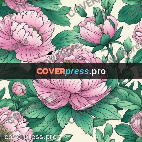 Flat colour anime illustration: pink peony with leaves