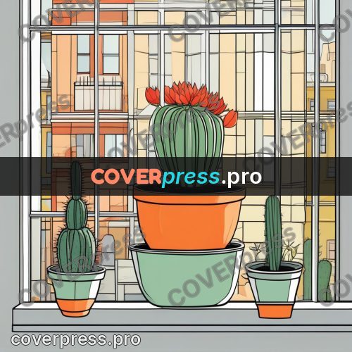 Flat colour anime illustration: cacti in pots on a sill