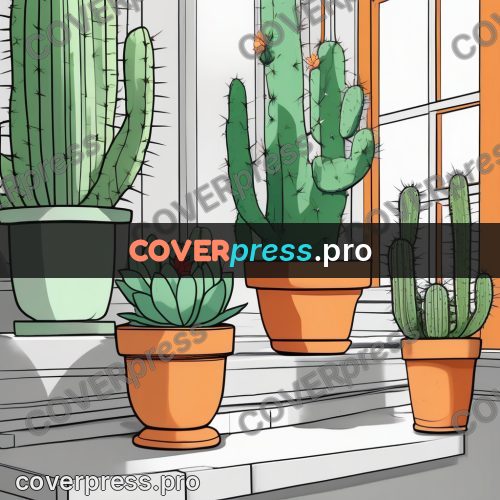 Flat colour anime illustration: cacti in pots on a sill