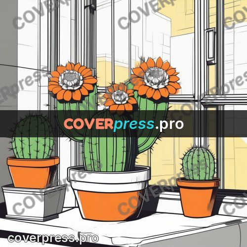 Flat colour anime illustration: cacti in pots on a sill