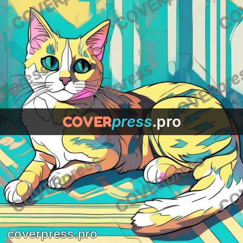 Flat colour anime illustration: cat in a striped room