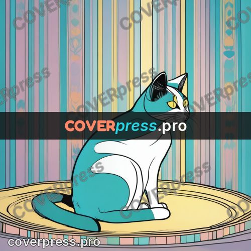 Flat colour anime illustration: cat in a striped room