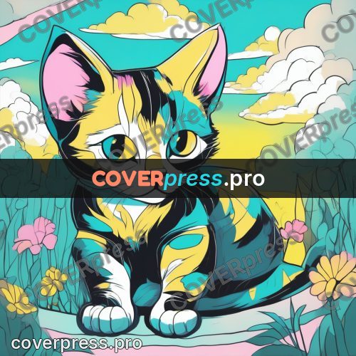Flat colour anime illustration: cat in a striped room