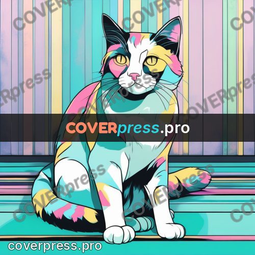 Flat colour anime illustration: cat in a striped room