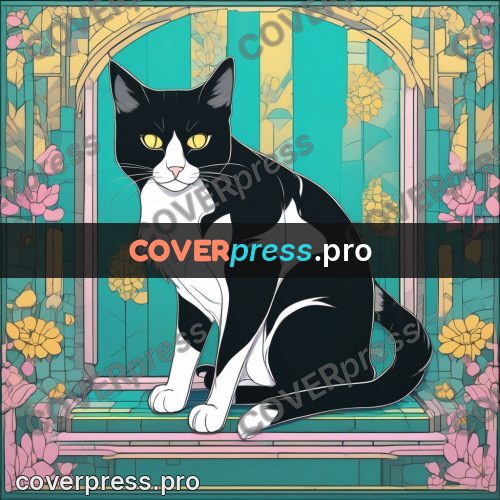 Flat colour anime illustration: cat in a striped room