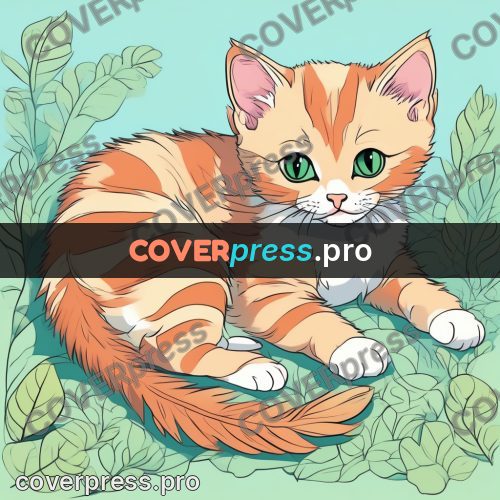 Flat colour anime illustration: ginger kitten among leaves