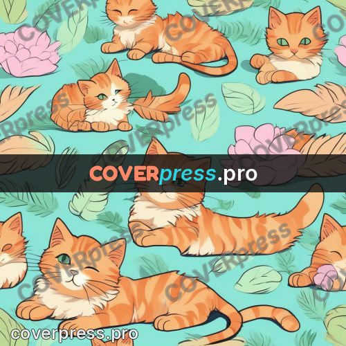 Flat colour anime illustration: ginger kitten among leaves