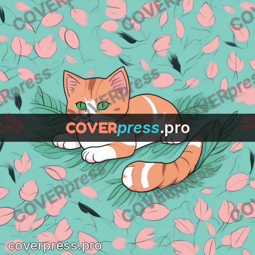 Flat colour anime illustration: ginger kitten among leaves