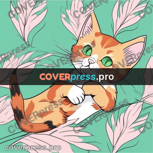 Flat colour anime illustration: ginger kitten among leaves