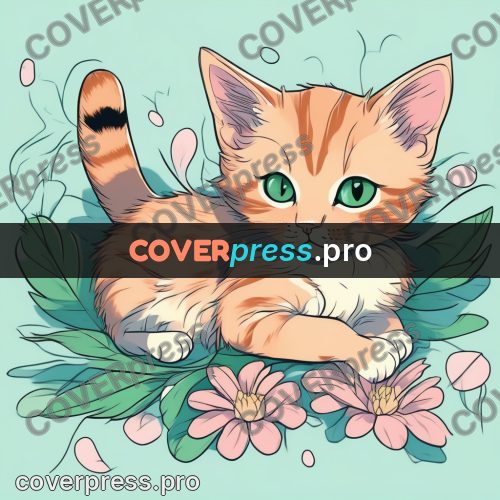 Flat colour anime illustration: ginger kitten among leaves