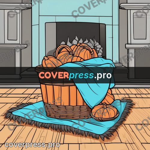 Flat colour anime illustration: basket by a fireplace