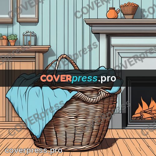 Flat colour anime illustration: basket by a fireplace