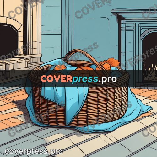 Flat colour anime illustration: basket by a fireplace