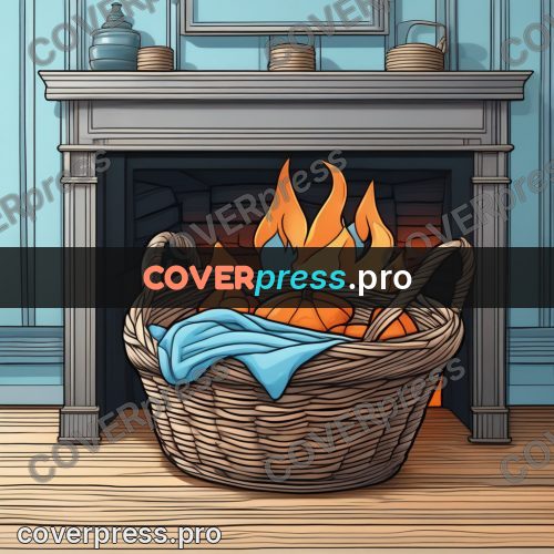 Flat colour anime illustration: basket by a fireplace