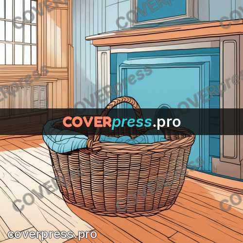 Flat colour anime illustration: basket by a fireplace
