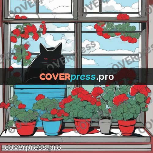 Flat colour anime illustration: cat on a sill with geraniums
