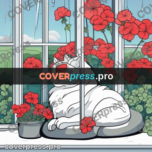 Flat colour anime illustration: cat on a sill with geraniums