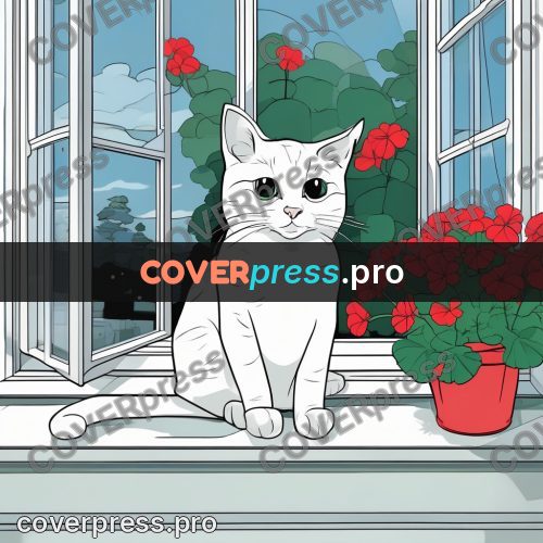 Flat colour anime illustration: cat on a sill with geraniums