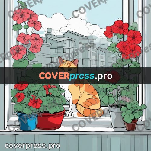 Flat colour anime illustration: cat on a sill with geraniums