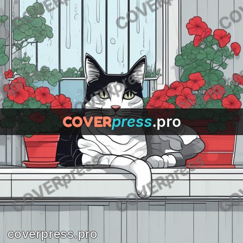 Flat colour anime illustration: cat on a sill with geraniums