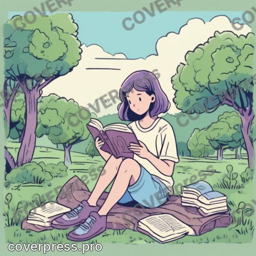 В стиле Комикс-Лайф: девушка сидит на скамейке в парке, читает книгу, вокруг мягкие зеленые и голубые оттенки