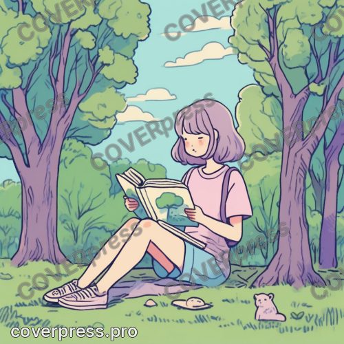 В стиле Комикс-Лайф: девушка сидит на скамейке в парке, читает книгу, вокруг мягкие зеленые и голубые оттенки