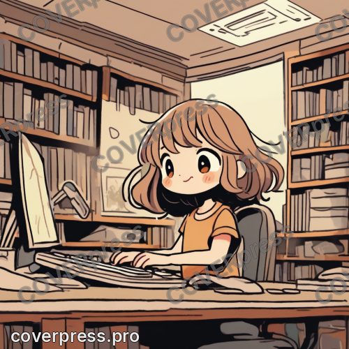 В стиле Комикс-Лайф: девушка, улыбаясь, нажимает кнопку на клавиатуре
