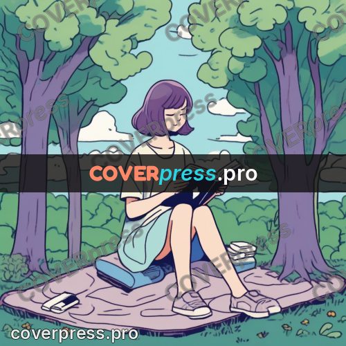 Comic style drawing: girl reading in a park