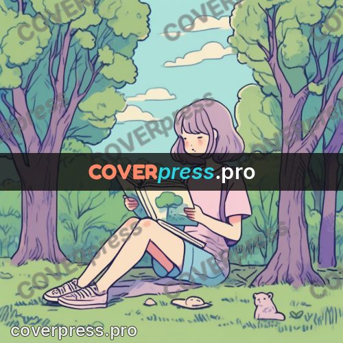 Comic style drawing: girl reading in a park