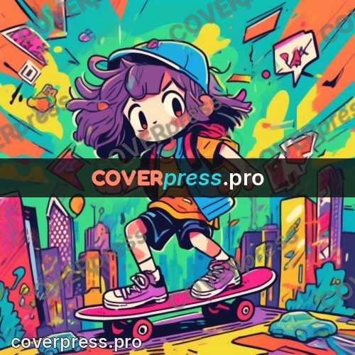 Comic style drawing: teenager on a board in colour