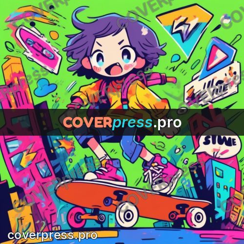 Comic style drawing: teenager on a board in colour