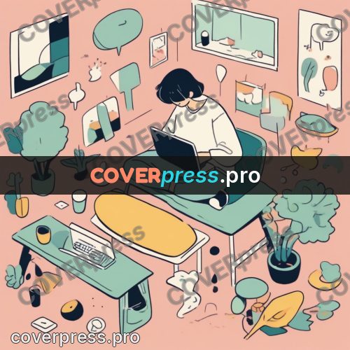 Comic style drawing: person at a desk with laptop