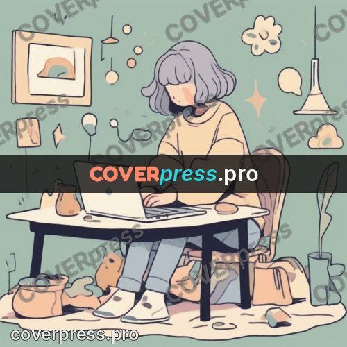 Comic style drawing: person at a desk with laptop