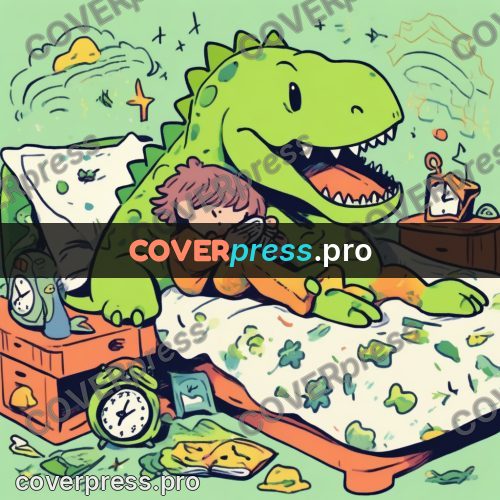 Comic style drawing: green dinosaur by a bed