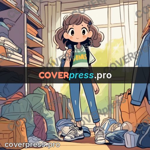 Comic style drawing: girl among scattered clothes