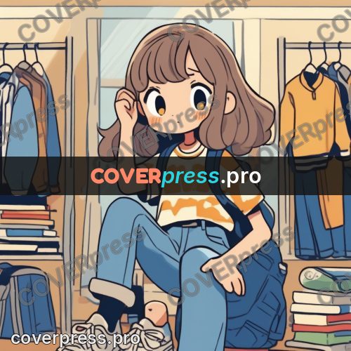 Comic style drawing: girl among scattered clothes