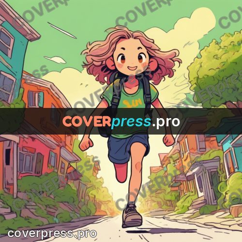 Comic style drawing: girl running along a street