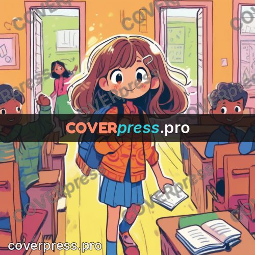 Comic style drawing: girl entering a classroom