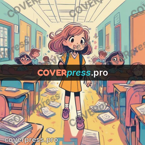 Comic style drawing: girl entering a classroom