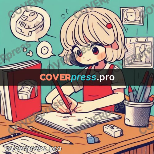 Comic style drawing: girl writing at a desk