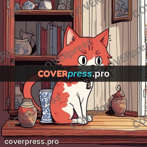 Comic style drawing: ginger cat by a vase