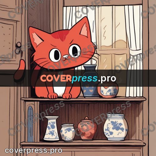 Comic style drawing: ginger cat by a vase