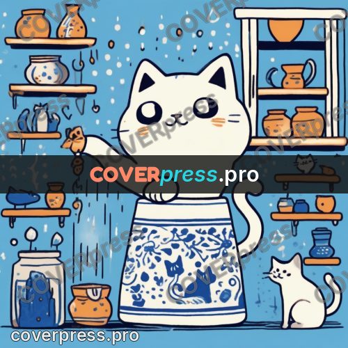 Comic style drawing: white cat among jars